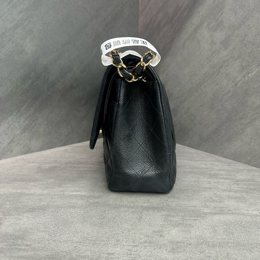 Chanel CF Jumbo black gold-tone clasp caviar leather chain bag, 24-series with authenticity card, structured silhouette, clean interior