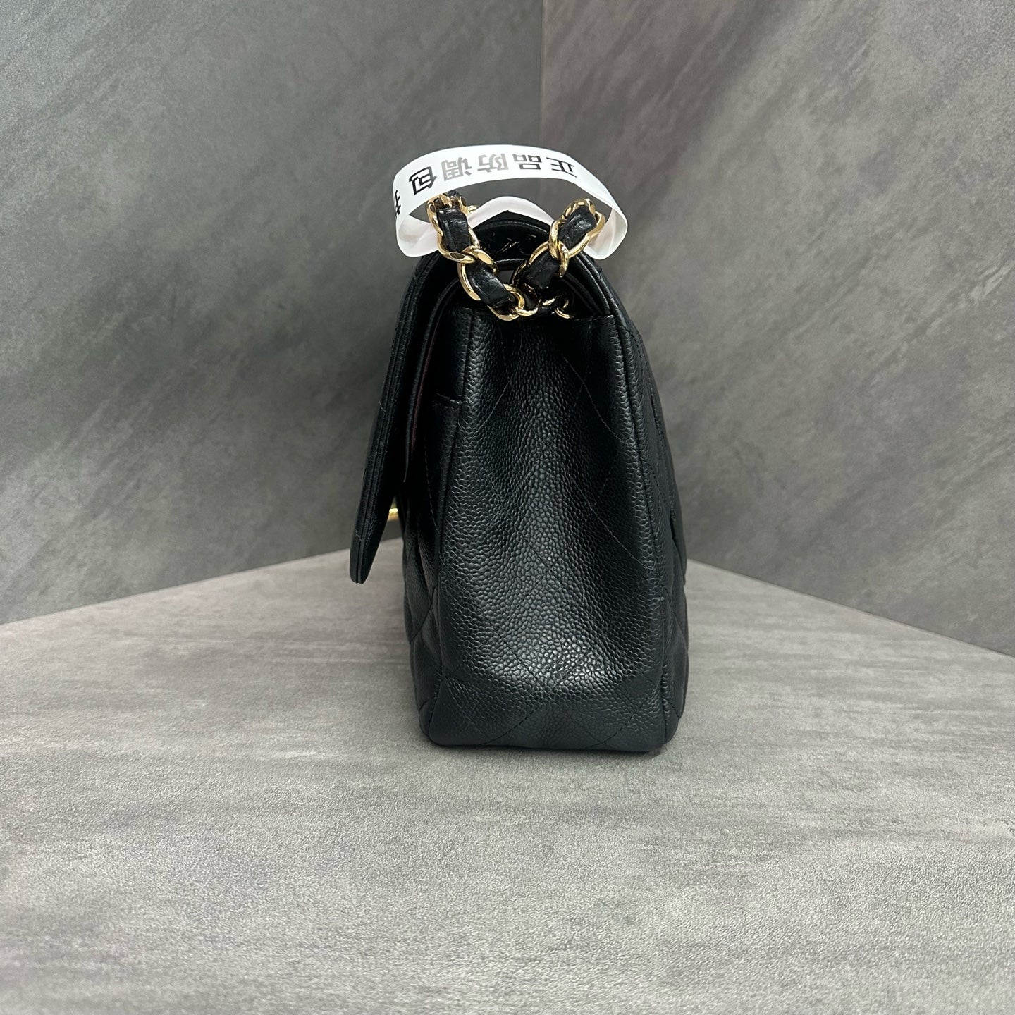 Chanel CF Jumbo black gold-tone clasp caviar leather chain bag, 24-series with authenticity card, structured silhouette, clean interior