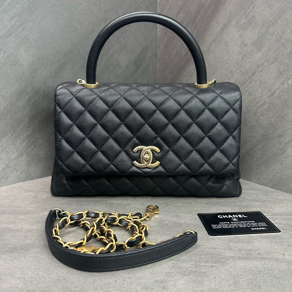Chanel Coco Handle Medium Black-Gold Litchi Leather Chain Bag 25 with Card