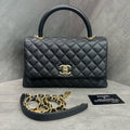 Chanel Coco Handle Medium Black-Gold Litchi Leather Chain Bag 25 with Card