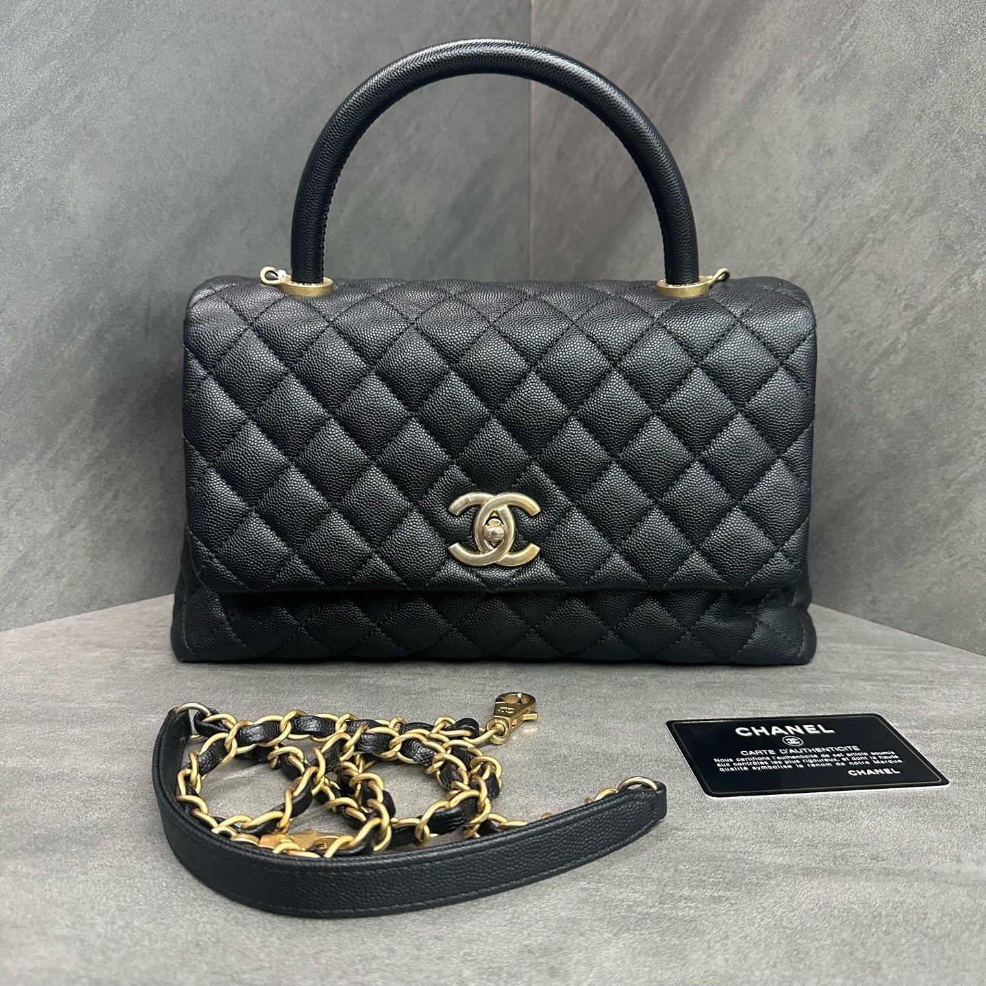 Chanel Coco Handle Medium Black-Gold Litchi Leather Chain Bag 25 with Card