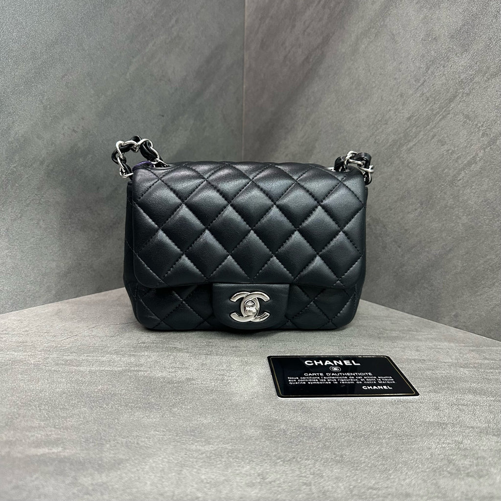 Chanel CF Square Flap Bag Black and Silver Lambskin Chain Bag 28 with Card. The bag has a structured shape and a clean interior.