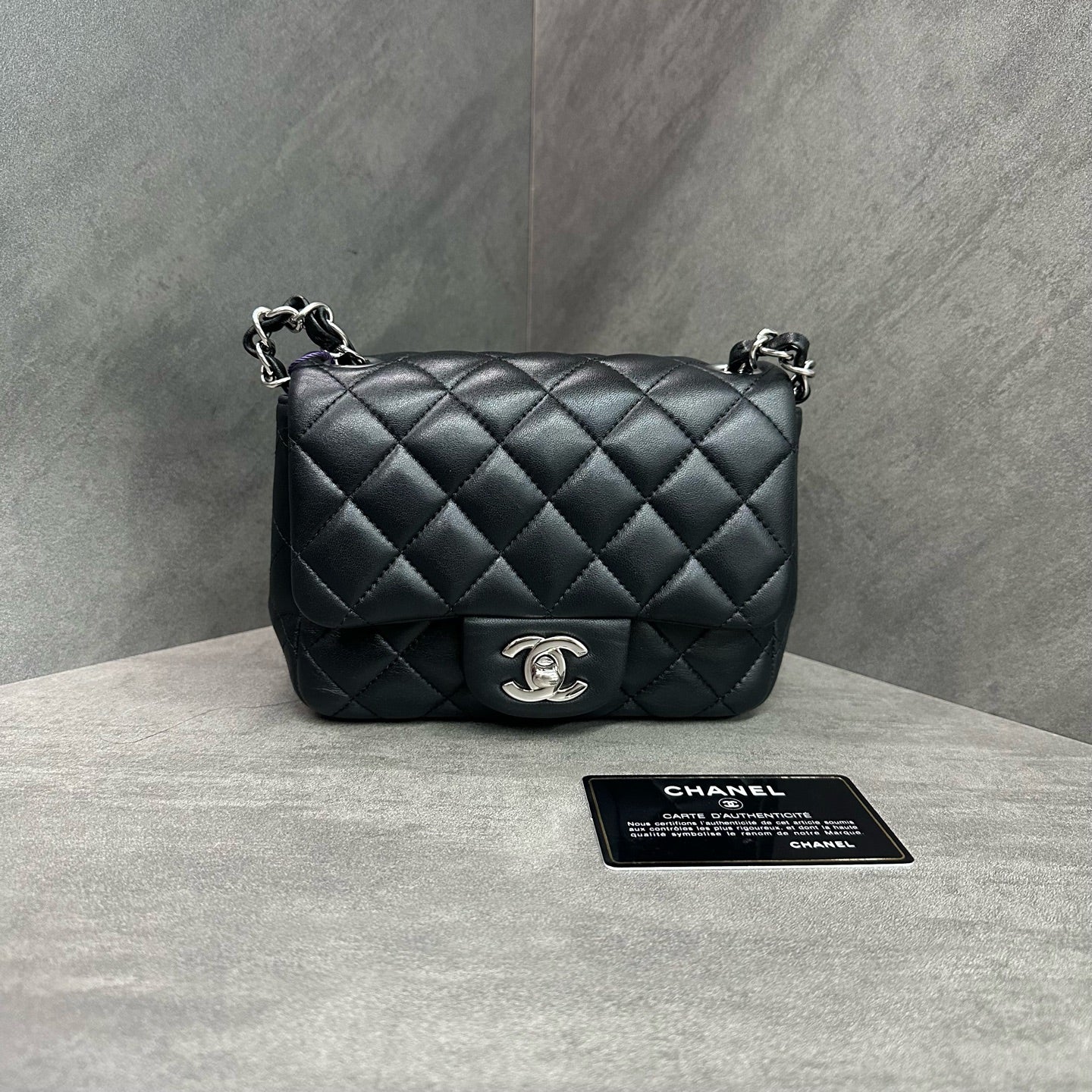 Chanel CF Square Flap Bag Black and Silver Lambskin Chain Bag 28 with Card. The bag has a structured shape and a clean interior.