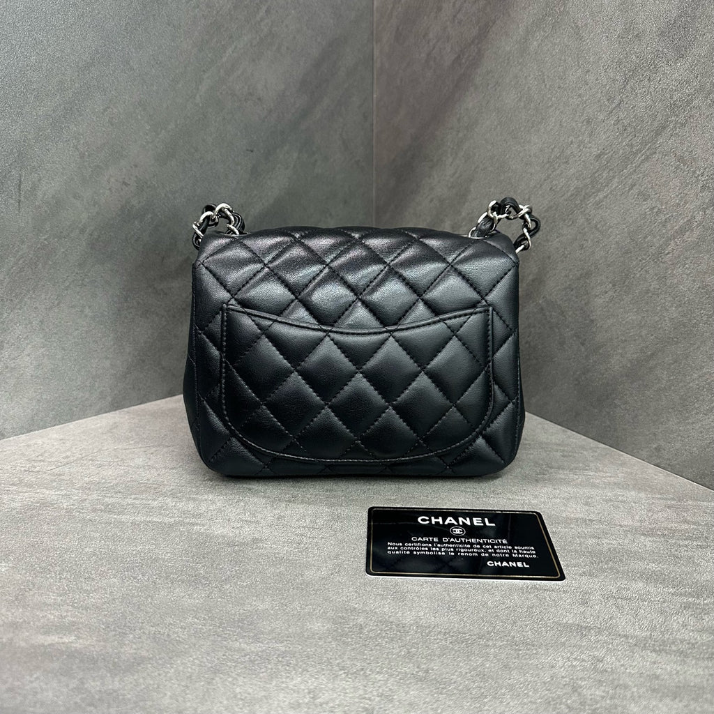 Chanel CF Square Flap Bag Black and Silver Lambskin Chain Bag 28 with Card. The bag has a structured shape and a clean interior.