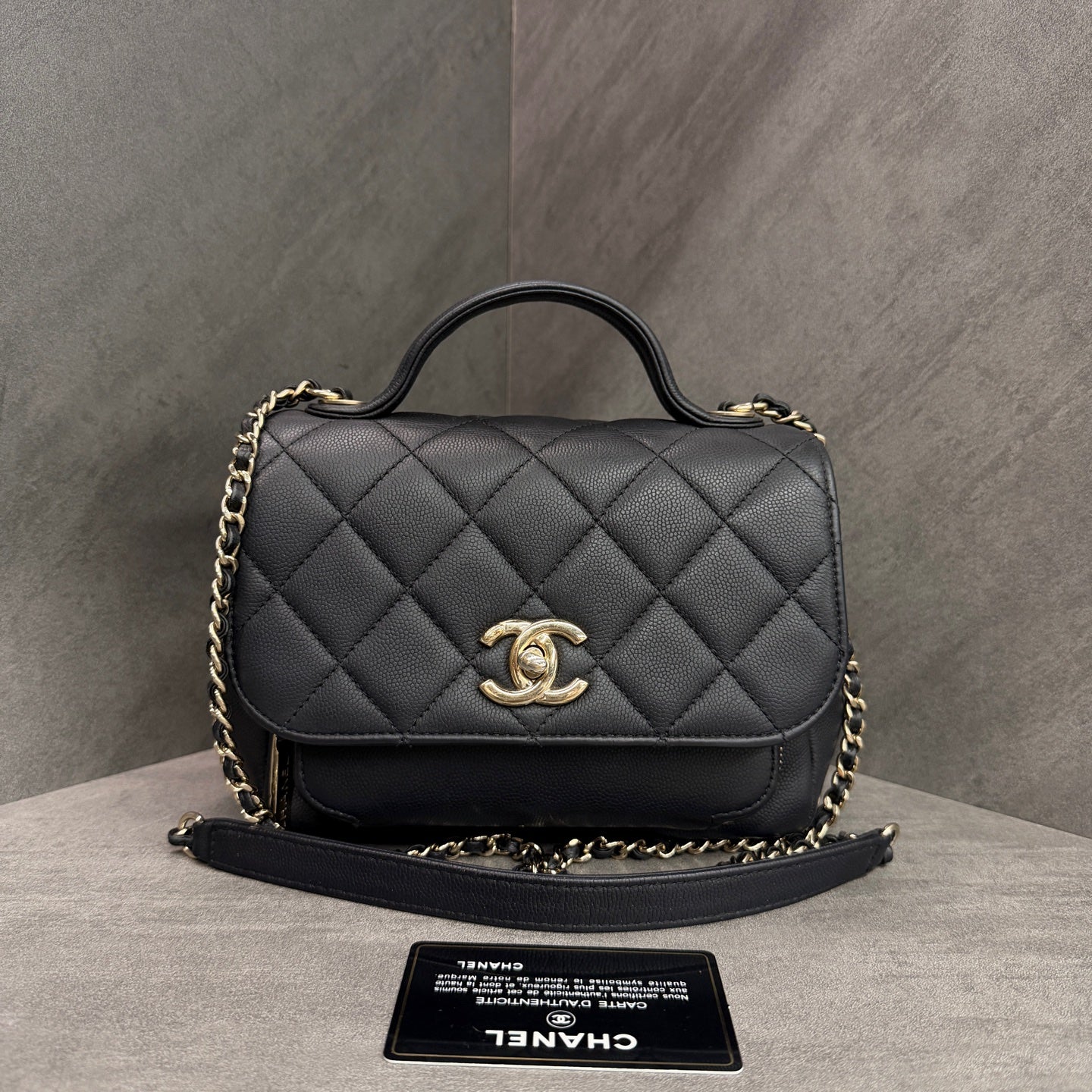 Chanel Affinity Small Black Gold Messenger Bag, Black Gold Litchi Cowhide, 27-series with authenticity card