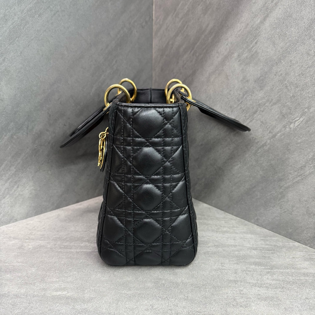 Dior Lady Dior 5-grid, black-gold lambskin, classic diamond quilting, gold hardware, 2013 serial number, in stock at favorable price