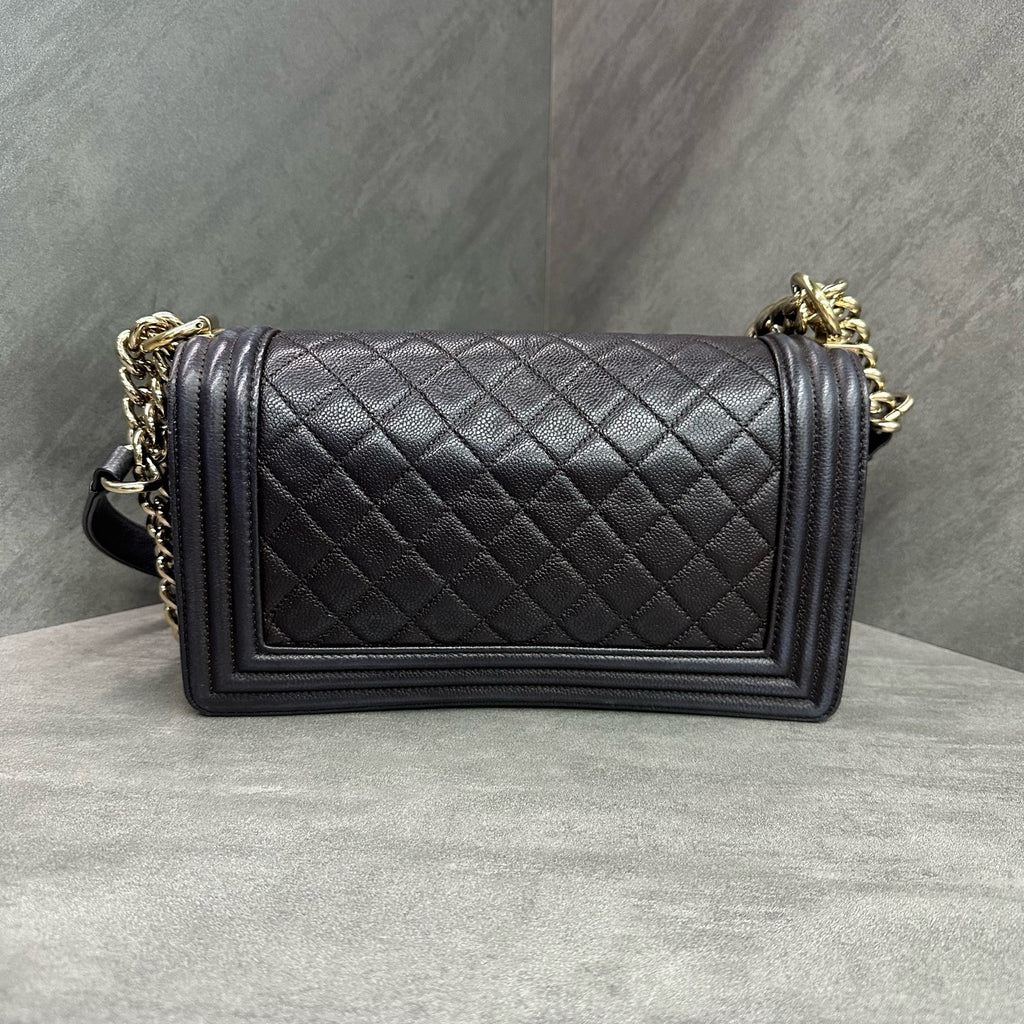 Chanel Le Boy Medium Brown Gold Hardware Litchi Grain Leather Chain Bag, chip included, structured design, clean interior.