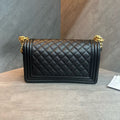 Chanel leboy medium size black-gold litchi leather chain bag, 25-series, with card and receipt