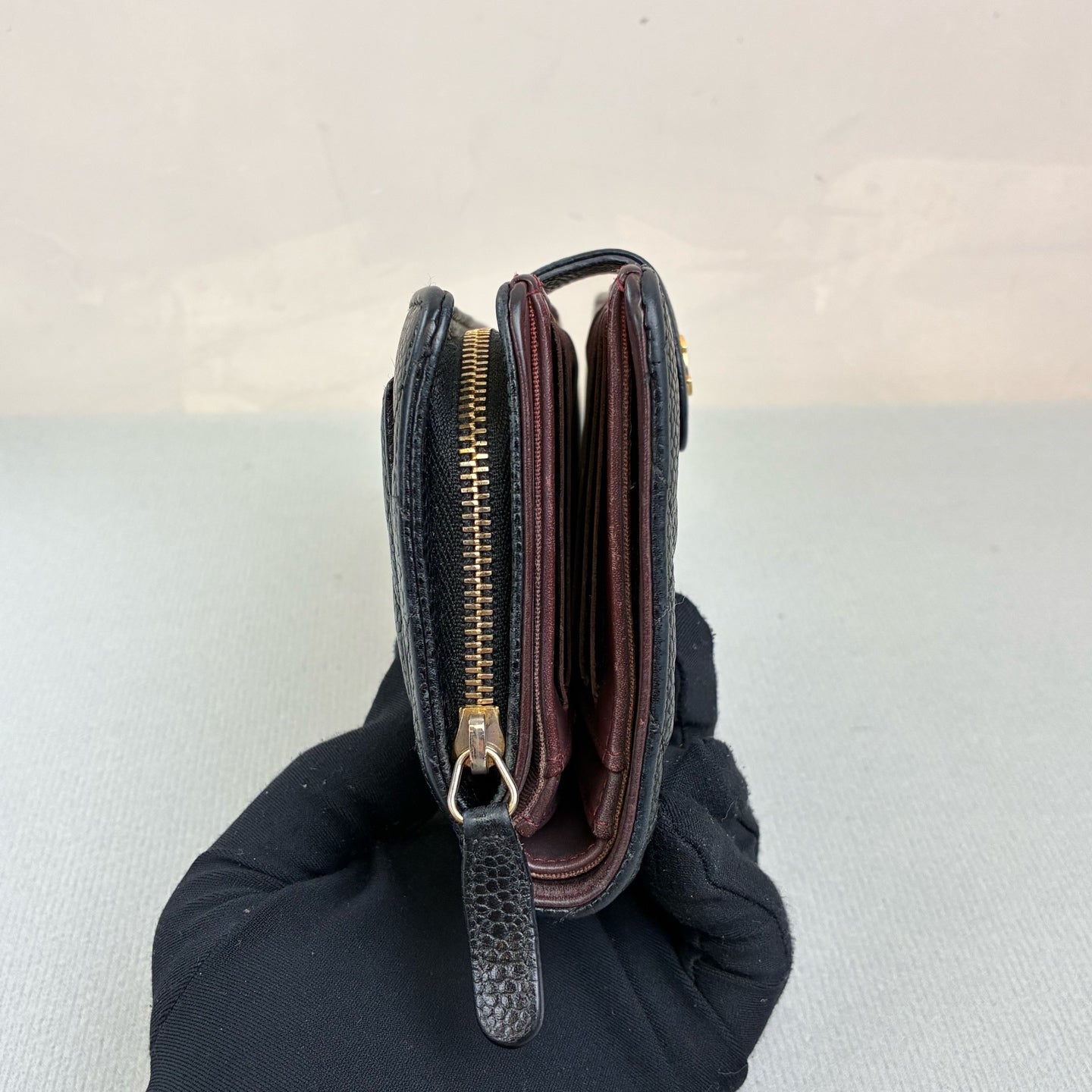 Chanel Black Gold Litchi Leather Short Wallet, 21 Series, Classic Diamond Pattern, Gold Logo Clasp, Interior Burgundy Color, 98% New Condition.