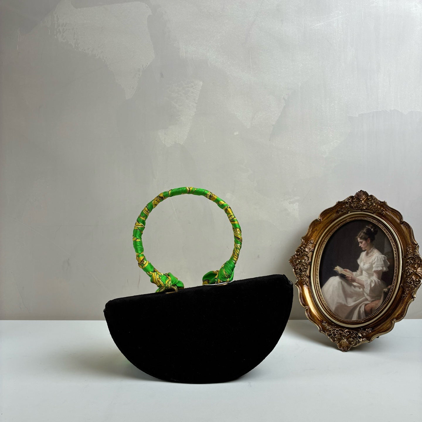 Balenciaga Silk Scarf Handle Half Moon Bag   Size: 22*12   Suede Material   Black + Green Scarf