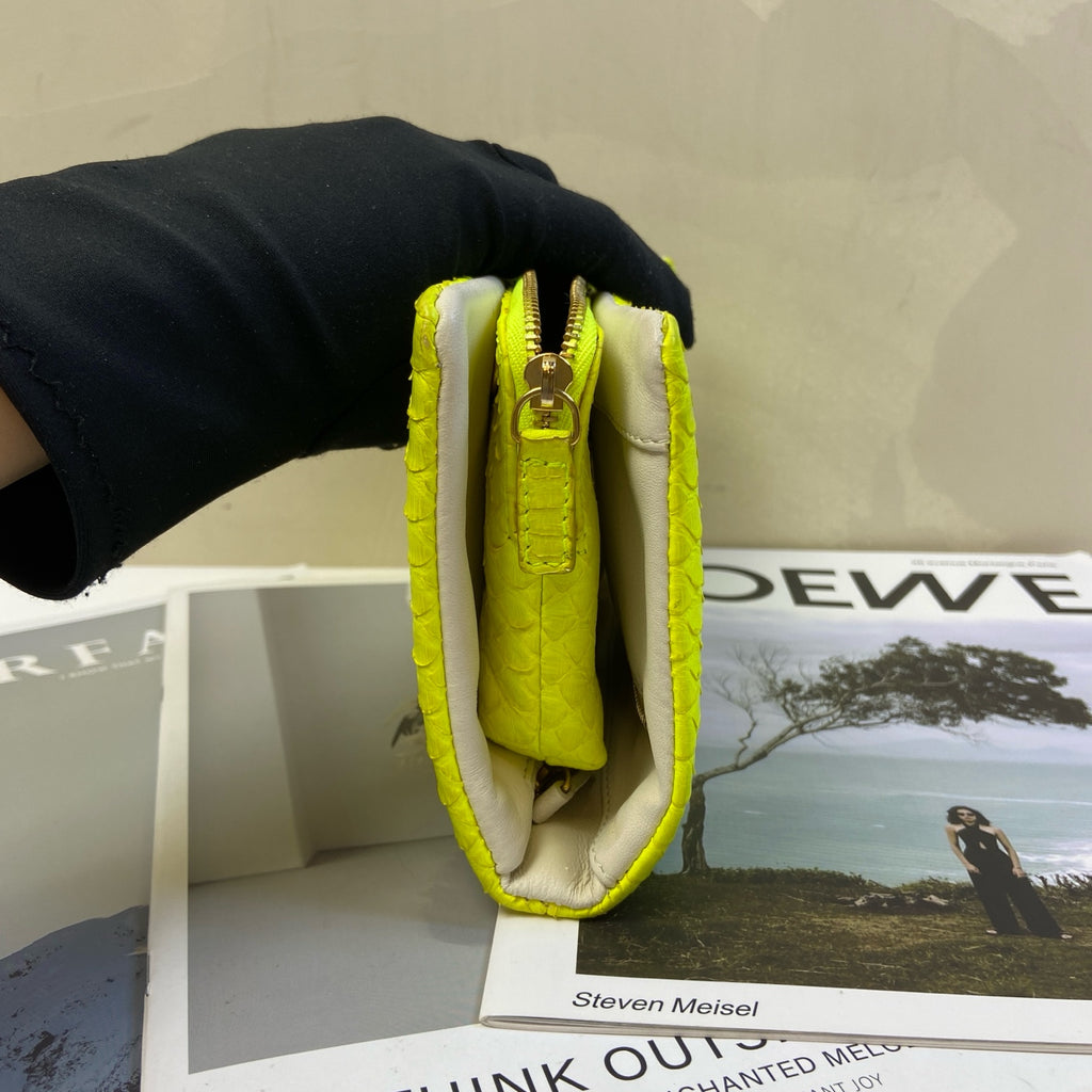 Celine Snake Skin Yellow Clutch Wallet, 99% New, Size: 24×12, Fluorescent Yellow, Snake Skin