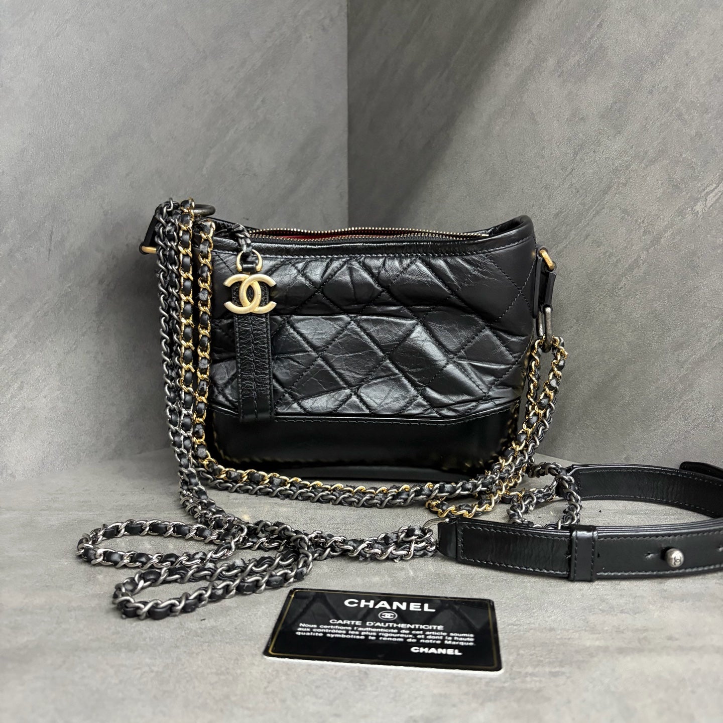 Chanel Black Gold Gabrielle Bag, small size, 25 series with authenticity card, structured silhouette, clean interior