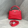 LV Capucines BB, red with silver hardware, grained cowhide, new adjustable shoulder strap, 2018 serial code, original condition