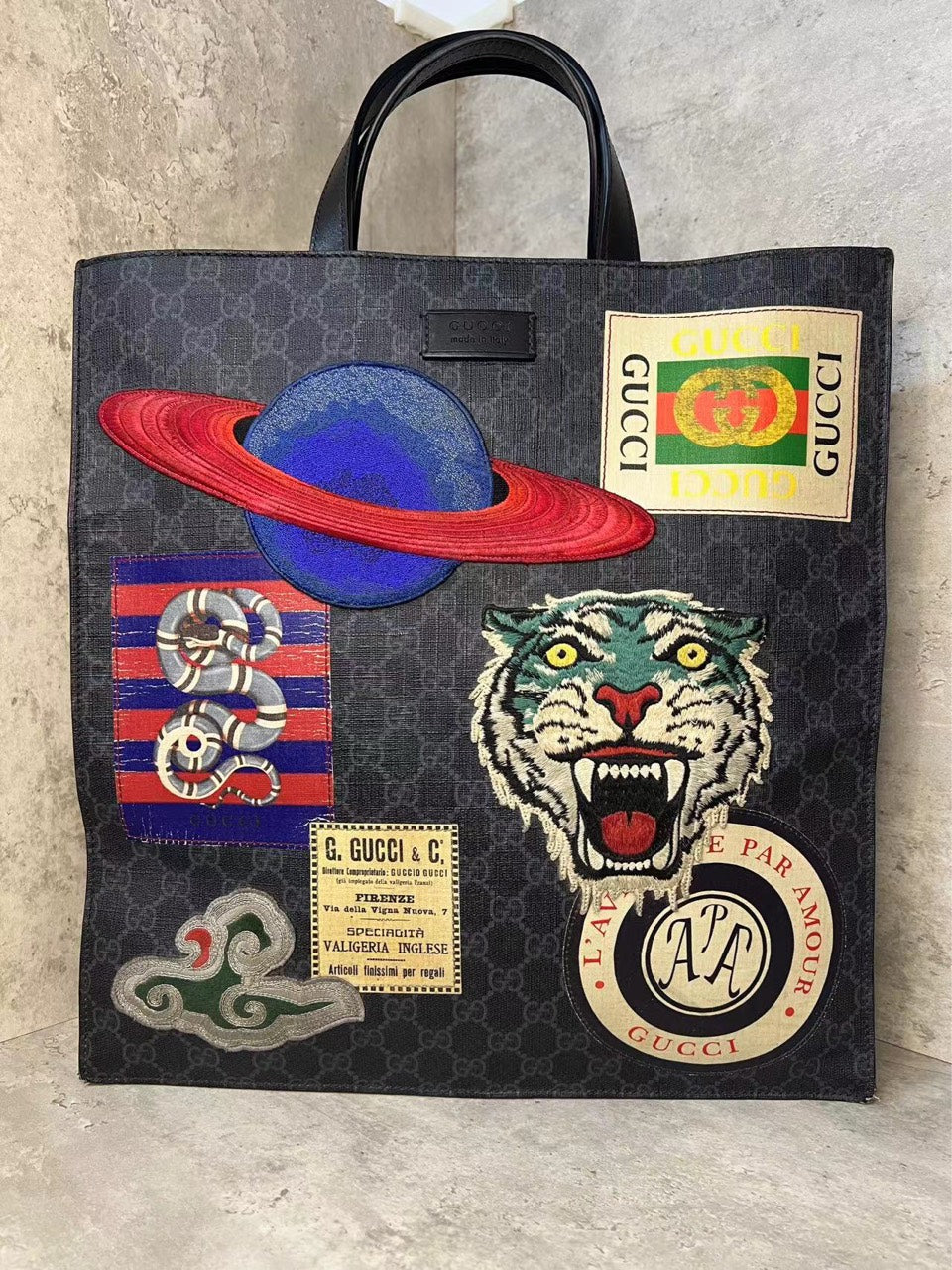 Gucci Tiger Head UFO Embroidered Monogram Logo Badge Striped Webbing Strap Vertical Tote Bag, Shoulder Crossbody Handbag, Grayish Black