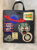 Gucci Tiger Head UFO Embroidered Monogram Logo Badge Striped Webbing Strap Vertical Tote Bag, Shoulder Crossbody Handbag, Grayish Black