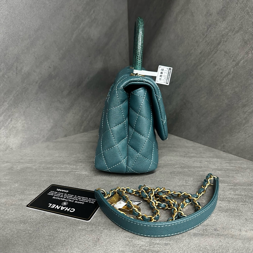Chanel Coco Handle Small, Peacock Blue with Gold-tone Hardware, Grained Leather, 25-series with Authenticity Card