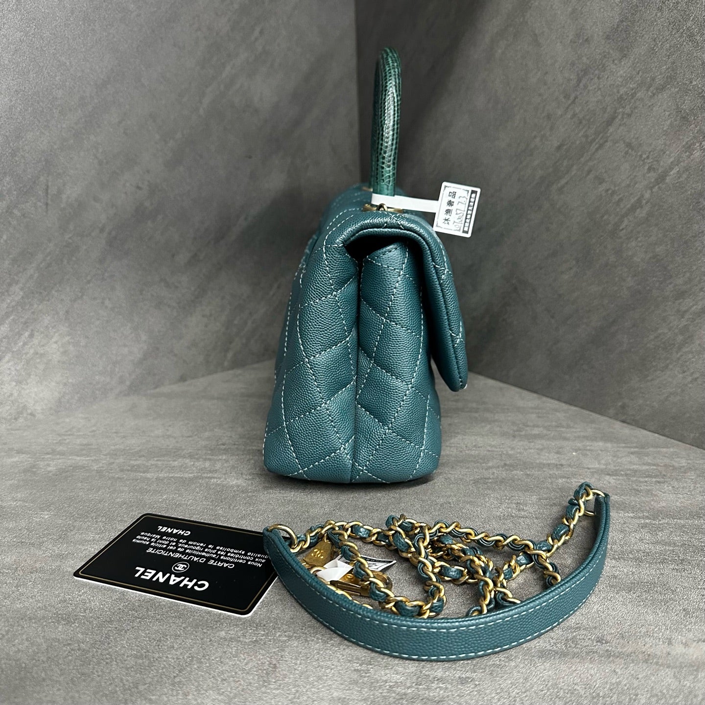 Chanel Coco Handle Small, Peacock Blue with Gold-tone Hardware, Grained Leather, 25-series with Authenticity Card
