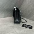 Chanel CF Medium Black/Silver Litchi Lambskin Chain Bag 19, Comes with Card, Structured Shape, Clean Interior