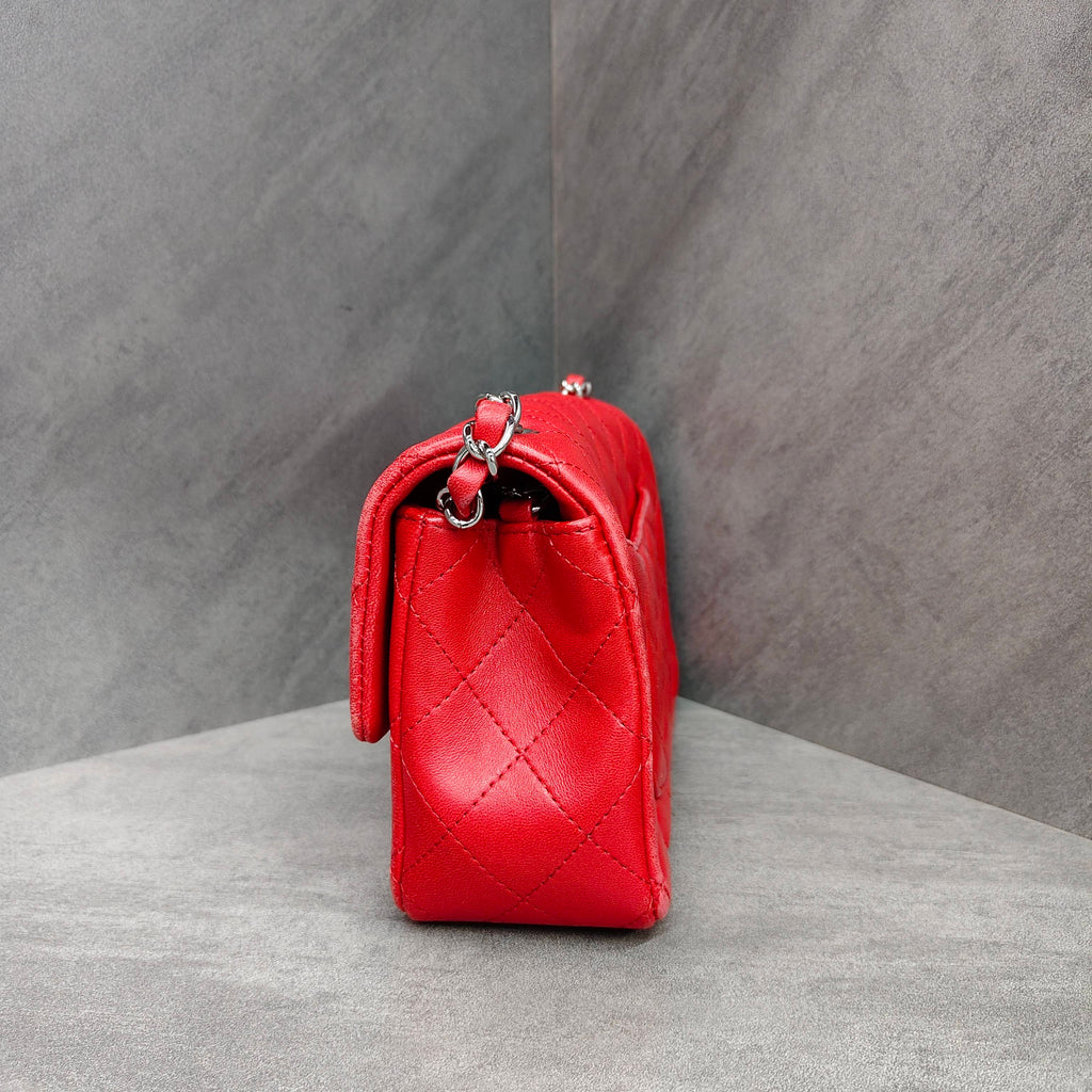 Chanel CF Squared Bag Red Silver Lambskin Chain Bag 18K with Cards Structured Shape Clean Interior #Chanel/Chanel