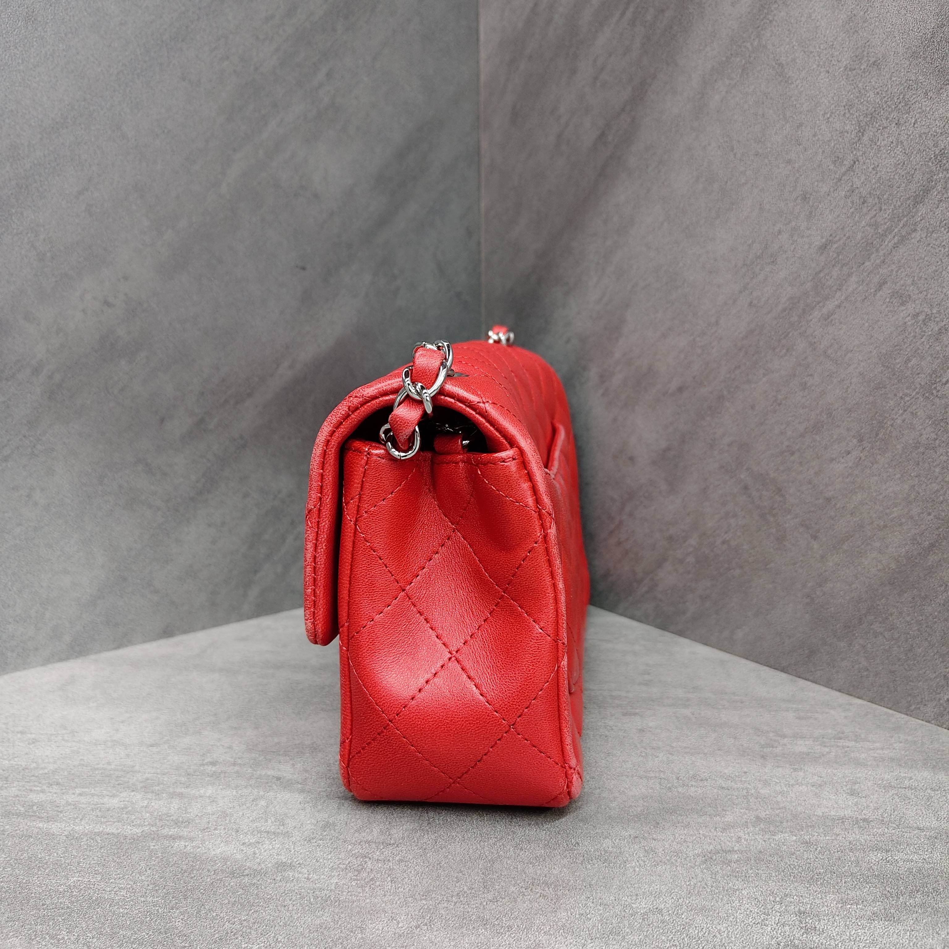 Chanel CF Squared Bag Red Silver Lambskin Chain Bag 18K with Cards Structured Shape Clean Interior #Chanel/Chanel