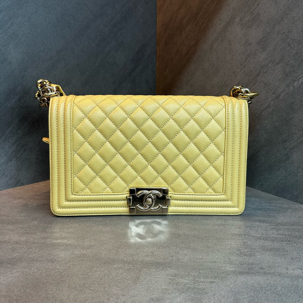 Chanel Leboy Medium Size Yellow Gold-Tone Hardware Lizard Embossed Calfskin Chain Bag with Microchip