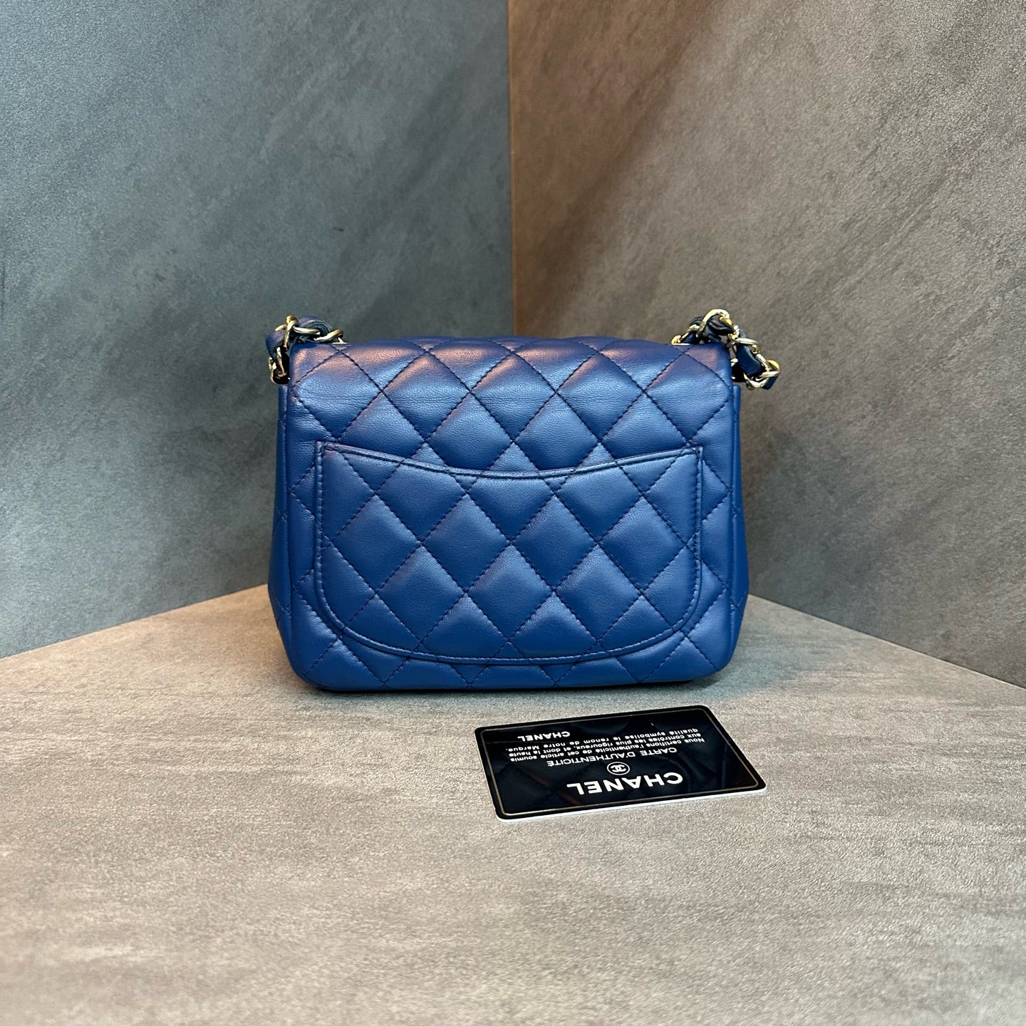 Chanel CF Square Flap Blue-Gold Lambskin Chain Bag, 25 series with authenticity card, structured shape, clean interior
