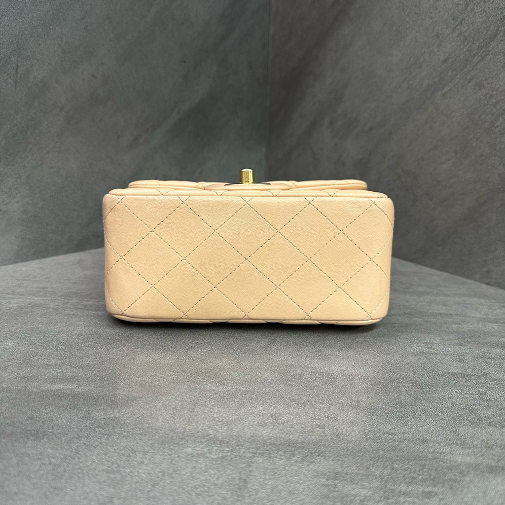 Chanel CF Square Bag in Metallic Gold Lambskin with Chain 27cm, structured shape, clean interior.