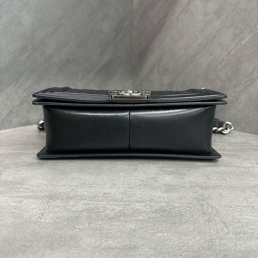 Chanel leboy medium size black silver-tone hardware lambskin chain bag, structured silhouette, 16-open