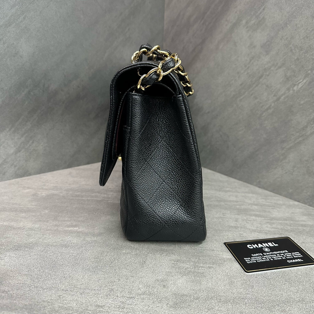 Chanel CF Jumbo Black and Gold Litchi Leather Chain Bag, 14-inch with Card, Structured Shape, Clean Interior.