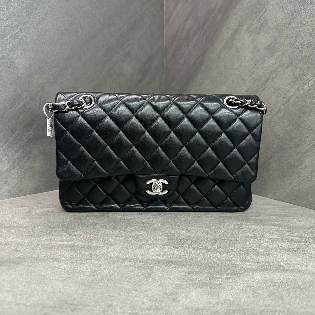 Chanel CF Medium Black and Silver Lambskin Chain Bag 27 Open, structured design, clean interior.