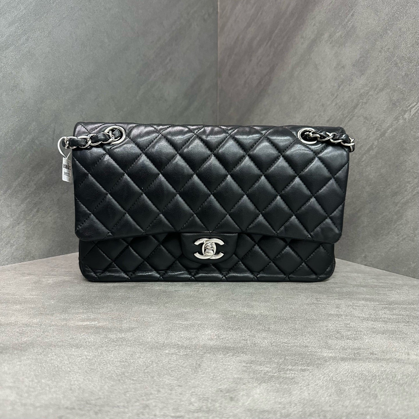 Chanel CF Medium Black and Silver Lambskin Chain Bag 27 Open, structured design, clean interior.