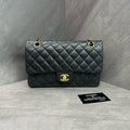 Chanel cf medium size black gold sheepskin chain bag, 13 opening with strap card