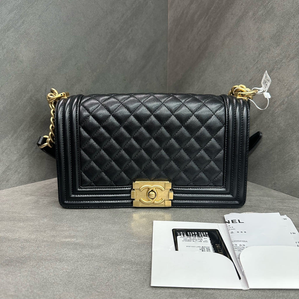Chanel Le Boy Medium Black Gold Caviar Leather Chain Bag 28 with Card and Receipt. The bag has a structured shape and a clean interior.