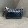 CHANEL Le Boy multi-chain trimmed heavy-duty chain bag, blue-black with silver-tone hardware, oil-waxed cowhide, 20-series serial number, original condition, in stock at favorable price