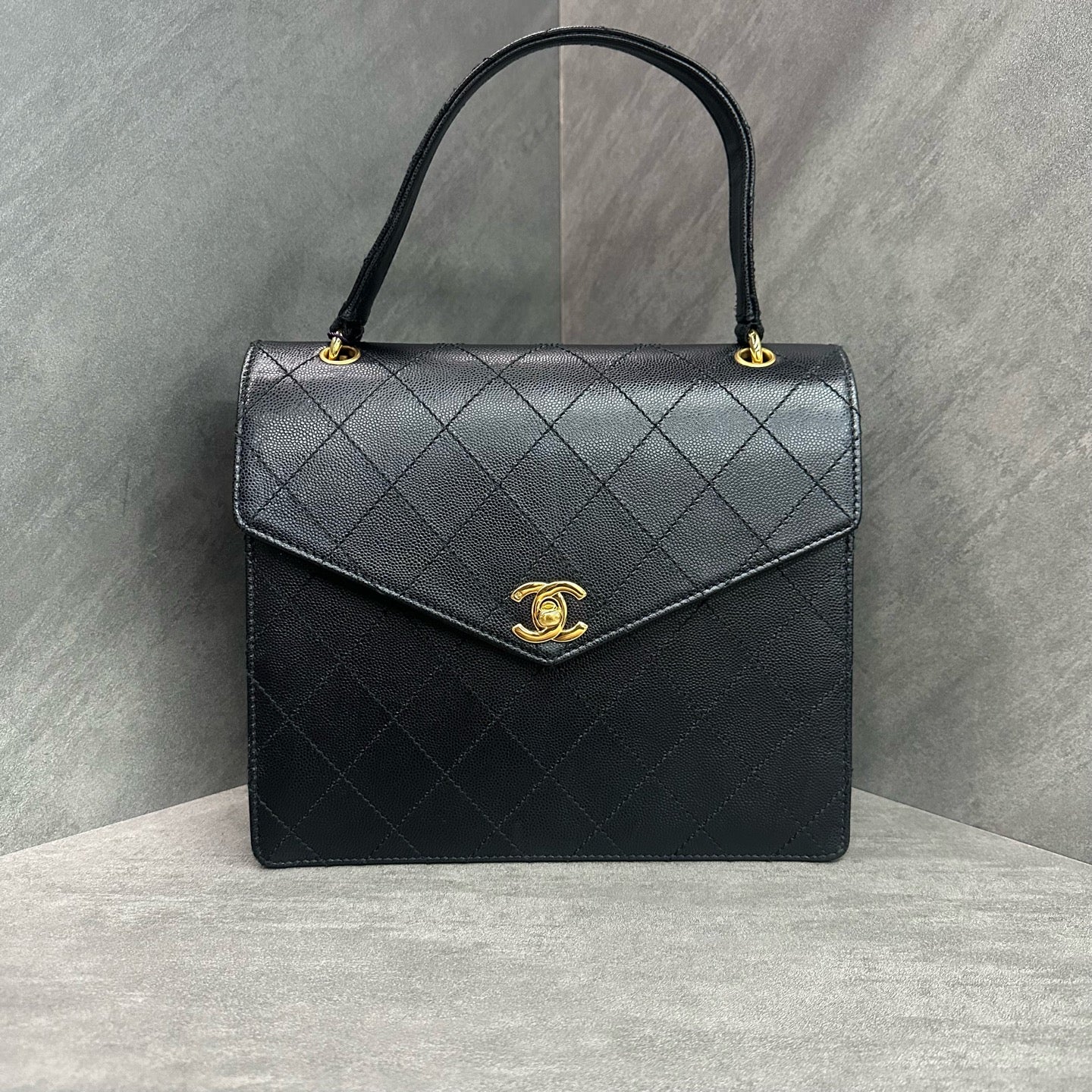 Chanel Black Gold Caviar Leather Vintage Kelly Bag, 5-series code, pristine original condition, flawless silhouette