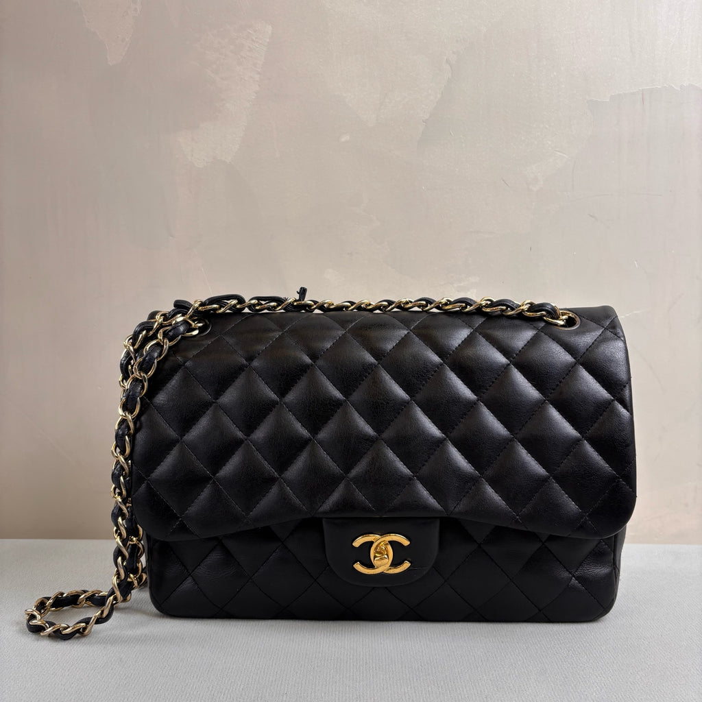 CHANEL Black and Silver Double Flap CF Jumbo Shoulder Crossbody Bag Lambskin Large Black and Gold Size: 30*20 1