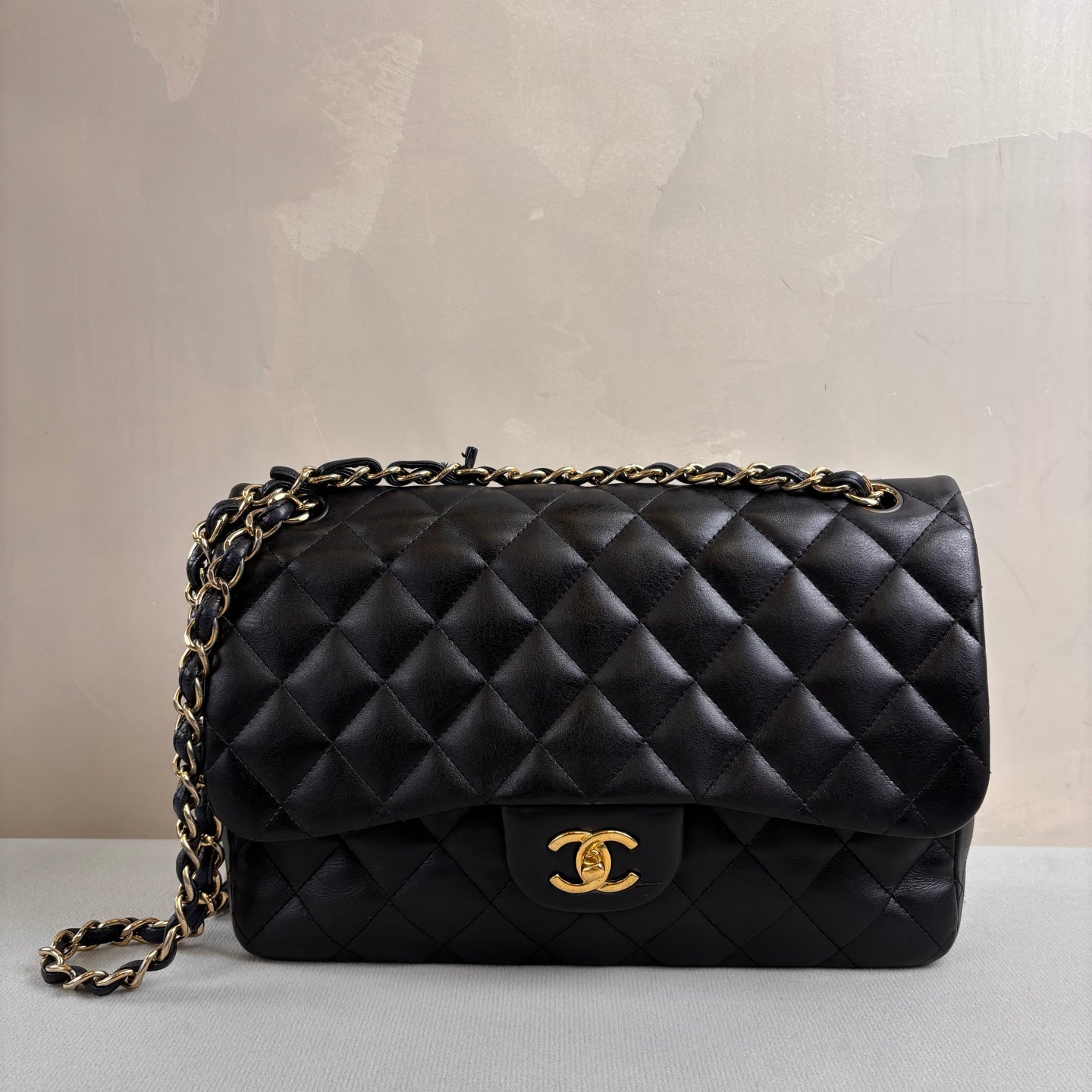 CHANEL Black and Silver Double Flap CF Jumbo Shoulder Crossbody Bag Lambskin Large Black and Gold Size: 30*20 1