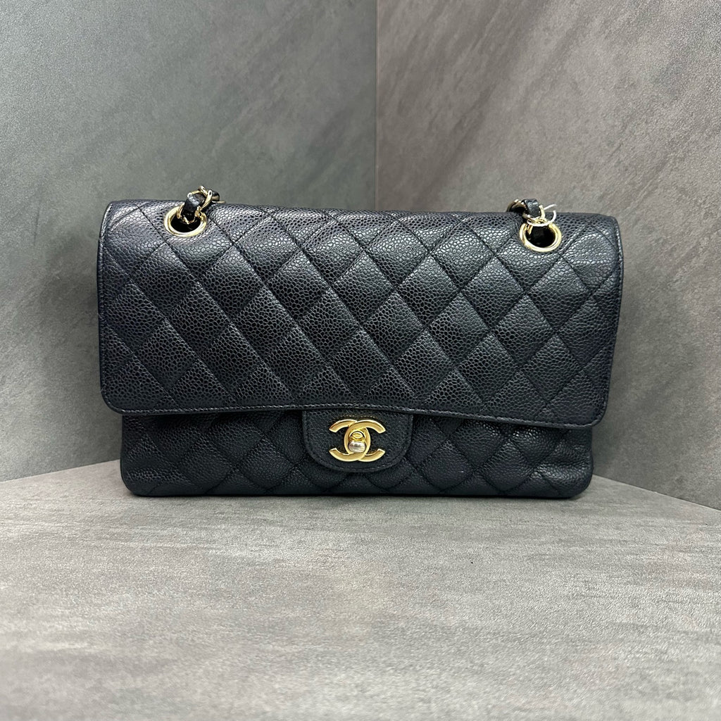 Chanel CF Medium Black Gold Litchi Leather Chain Bag 17 Series, Structured Shape, Clean Interior.
