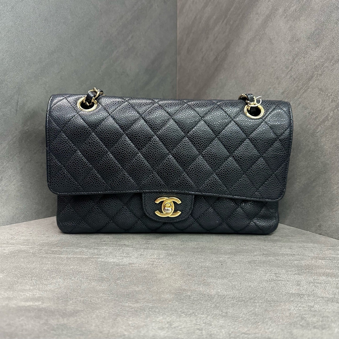 Chanel CF Medium Black Gold Litchi Leather Chain Bag 17 Series, Structured Shape, Clean Interior.