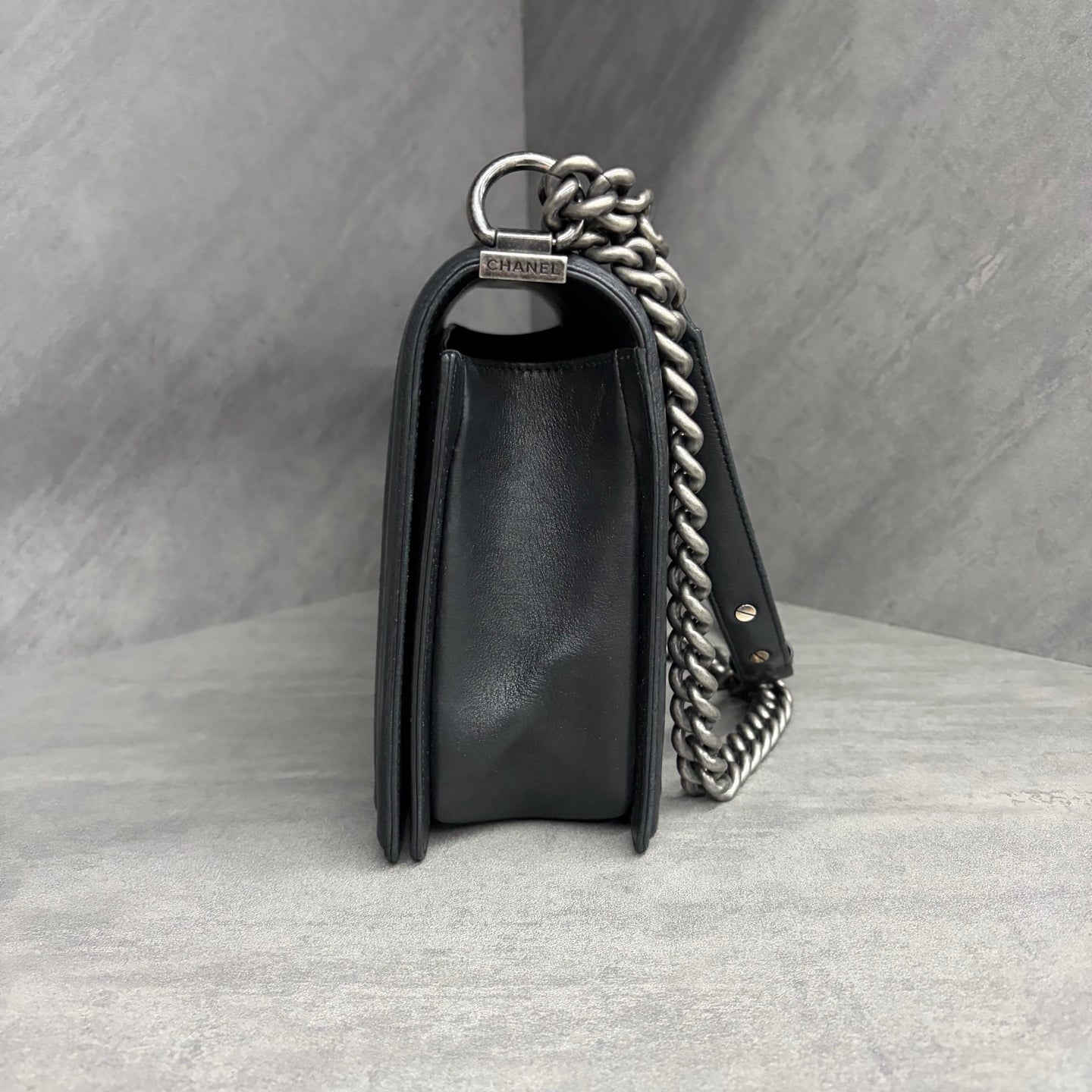 Chanel Le Boy medium-large black and silver calfskin bag, 19th series no card, structured shape, clean interior, original condition