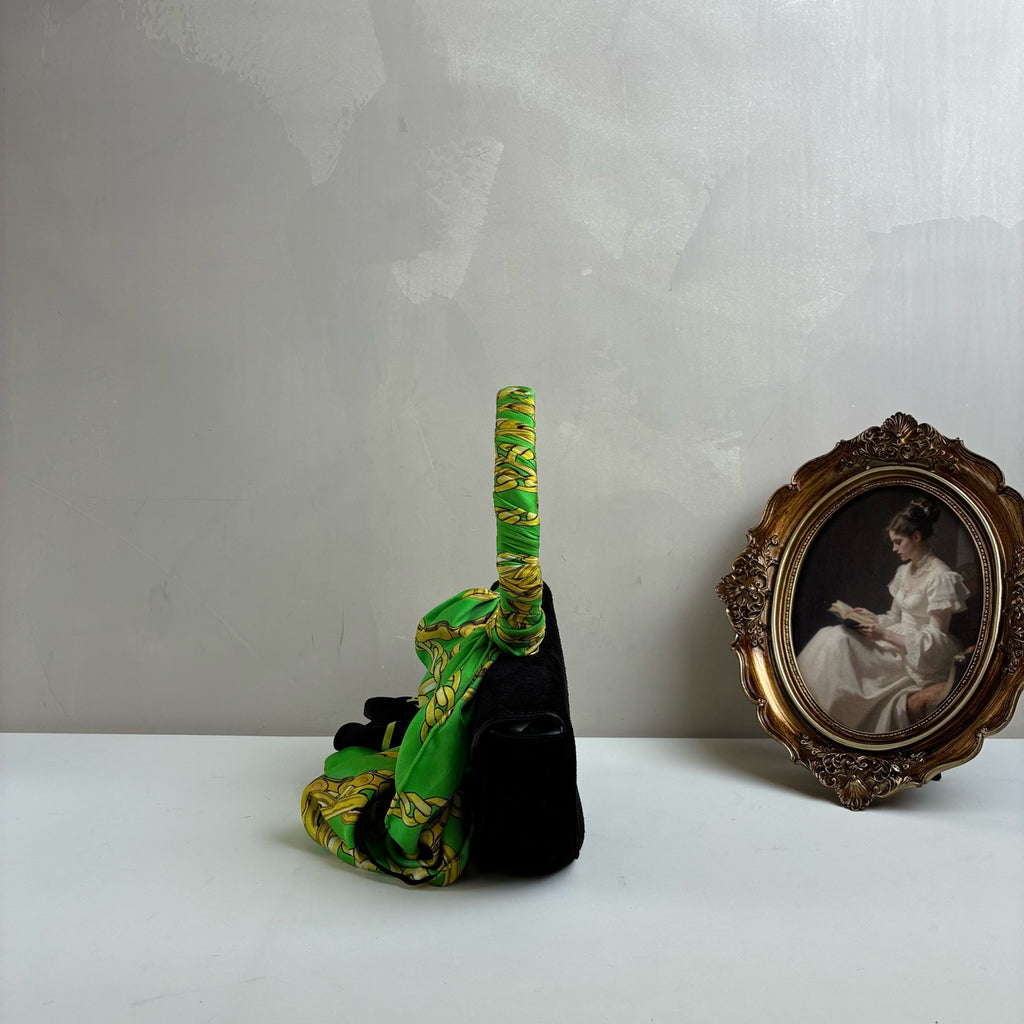 Balenciaga Silk Scarf Handle Half Moon Bag   Size: 22*12   Suede Material   Black + Green Scarf
