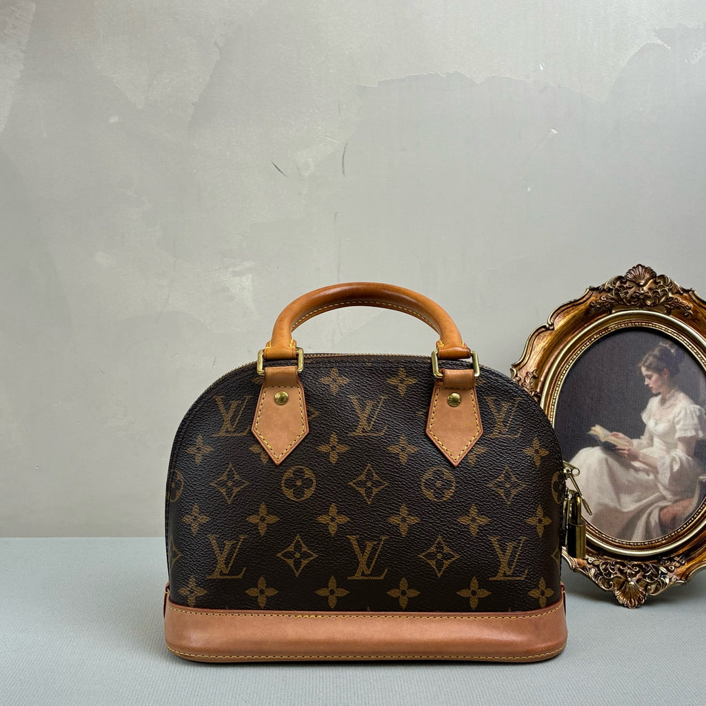 98% New LV Louis Vuitton Alma BB Shell Bag Classic Monogram with Brown Leather Edges Gold Hardware Size 23.5×17.5×1