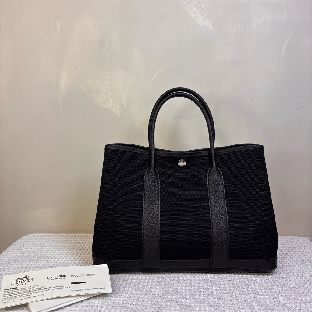 99% new Hermes Garden Party 30, black and silver Garden bag, canvas with leather, K刻.