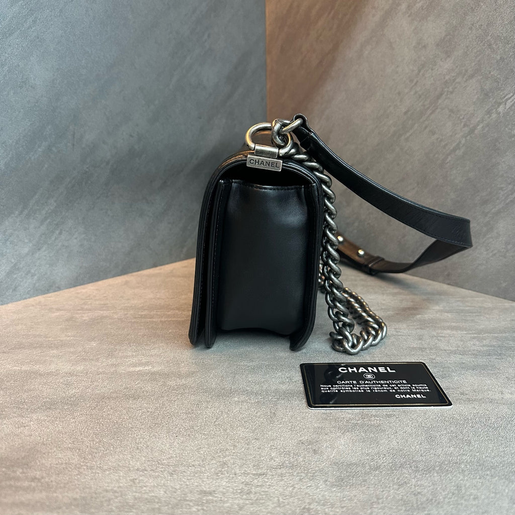 Chanel Le Boy Medium Black Silver Lambskin Chain Bag 20 with Card