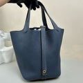 Hermes Picotin 18 Basket 18 in 99% new condition, W stamp, Midnight Blue, Gold Hardware, Handbag Dimensions