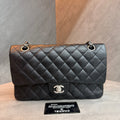 Chanel Classic Flap medium black silver lambskin bag, structured silhouette, clean interior, 15-series stamp with authenticity card