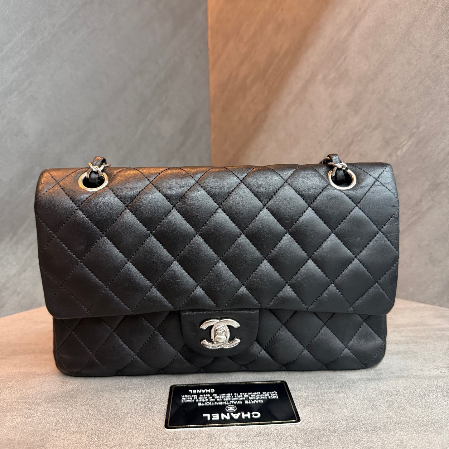 Chanel Classic Flap medium black silver lambskin bag, structured silhouette, clean interior, 15-series stamp with authenticity card