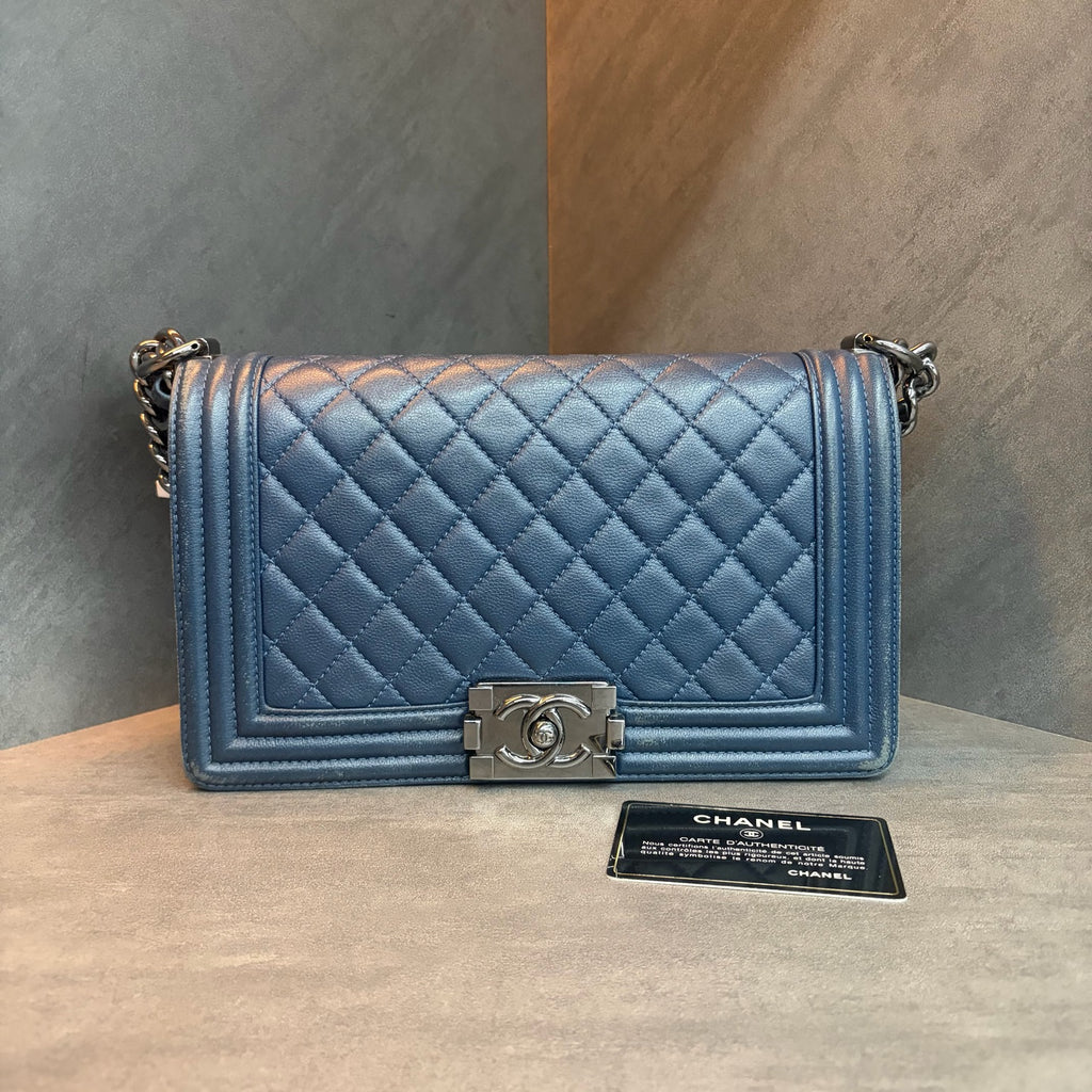 Chanel leboy medium size blue cowhide, 23 series with card, structured shape, clean interior