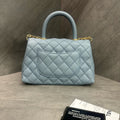 Chanel Coco Handle Small Bag in Sky Blue, Model 27, Includes Card and Receipt, Made of Grained Calfskin.
