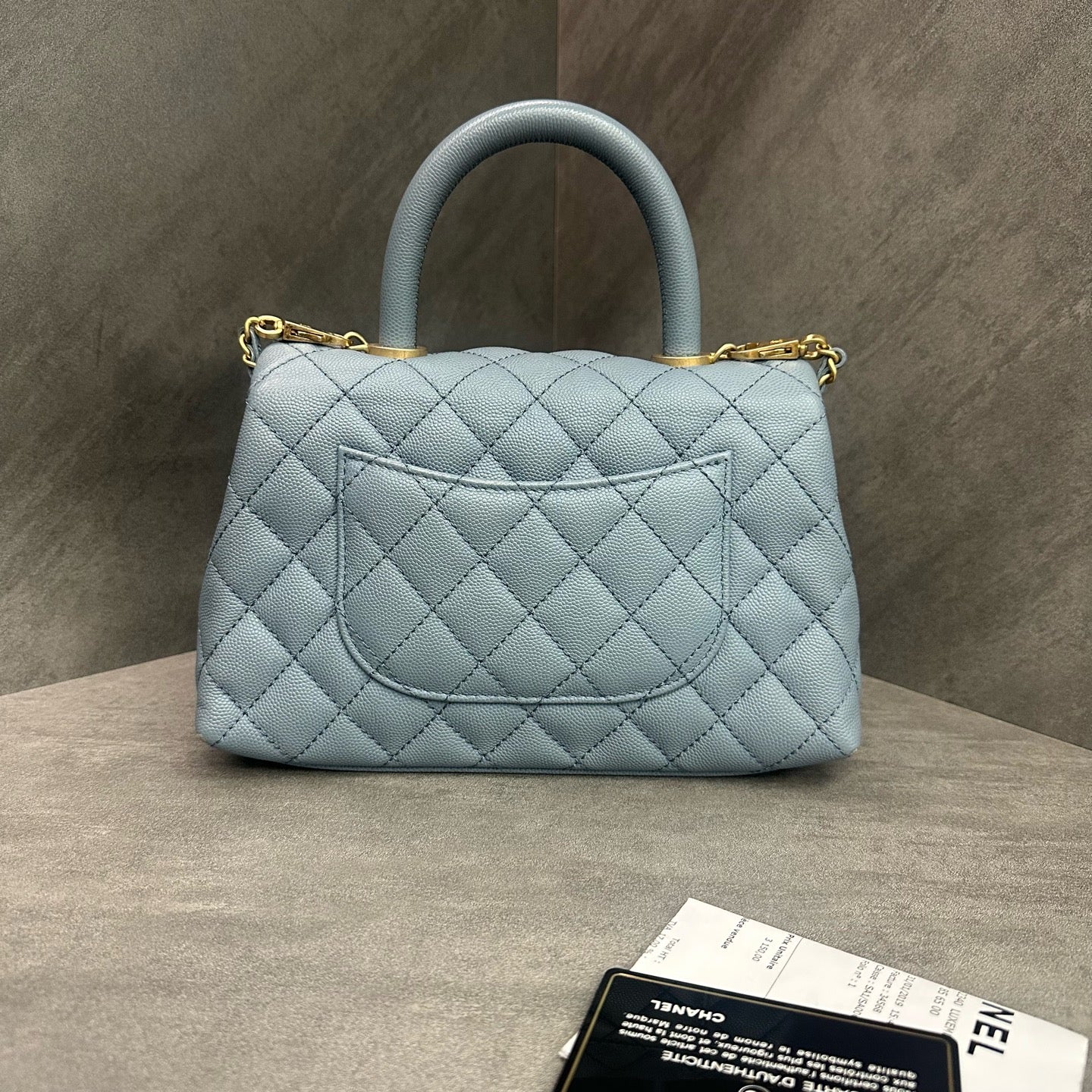Chanel Coco Handle Small Bag in Sky Blue, Model 27, Includes Card and Receipt, Made of Grained Calfskin.